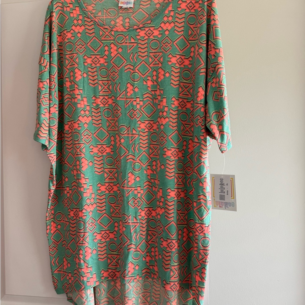 LuLaRoe Women’s Irma Top with Green and Orange Geometric Design Size XL
